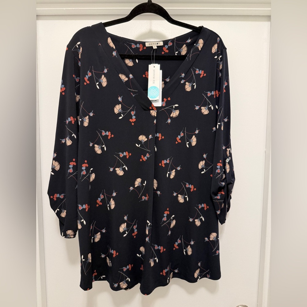 Beacon Navy Blouse with Floral Accents